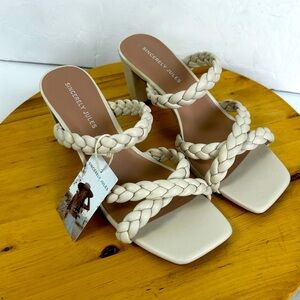 Sincerely Jules CrissCross Ivory Nude Braided SlipOn Block Heeled Sandal NWT 7.5